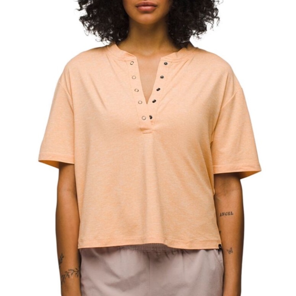 Prana Sol Searcher Short Sleeve Henley Aura Glow Size L Sun Shirt UPF 50+